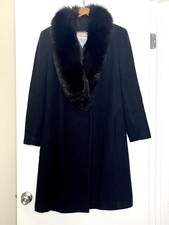 Vintage Marvin Richards 100% Lambswool Long Coat Size 14 Fur Collar Black Lined picture
