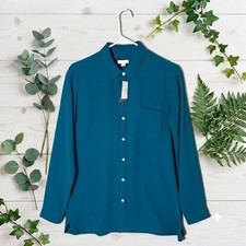 NWT J Jill Top S Persian Blue Teal Career Button Up Long Sleeves Flowy Collar picture
