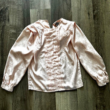 Vintage  Notations Pink Floral Jacquard Satin Beaded Button Blouse Women's 8p picture