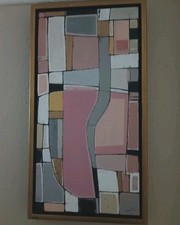 Geometric Abstract Warm Muted Tone Painting Signed Stuart 22. Gold Box Frame. picture