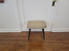 Vintage MCM Vinyl Foot Stool Ottoman Tapered Legs Brass Caps Taupe picture