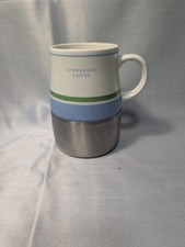 Starbucks 2005 Travel Desk Mug White Blue Green Stainless Steel Base Ceramic picture