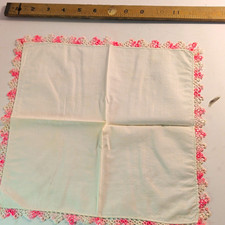Vintage Handkerchief White & Pink with Lace Trim Crocheted Edge picture