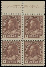 1912 CANADA KING GEORGE V ADMIRAL 7C BROWN, TOP MARGIN BLOCK OF 4, NH, U.#114 picture