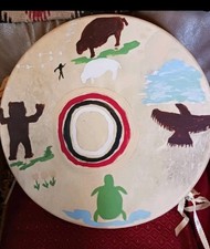 ** VINTAGE NATIVE AMERICAN RAWHIDE HAND DRUM PRAYER CEREMONY 1980s
