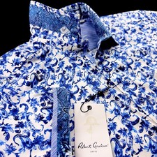 Robert Graham Paisley Floral Bold Print Short Sleeve Shirt Blue Medium $198 picture