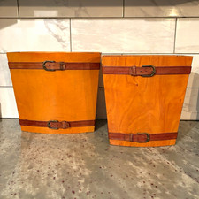 RARE Vintage  Global Views Wooden Waste Basket Leather Belts & Brass Buckles  picture