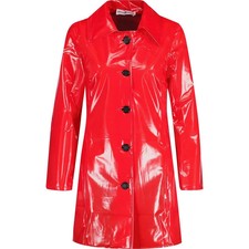 Women’s Red PVC Vinyl Raincoat Glossy Shiny Trench Coat Retro Mod Jacket picture