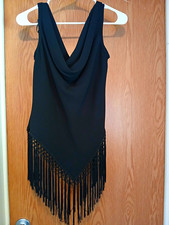 Vintage S.L. Fashions Black Sleeveless Cowl Neck Top Knotted Fringe Size 10 picture