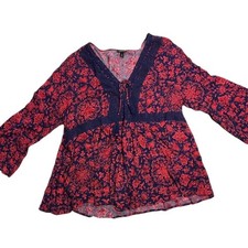 Torrid Red Navy Floral Lace Top Crochet Trim Babydoll Blouse Boho Size 3 Plus picture