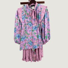 Vintage Diane Freis 3 Piece Floral Pleated Skirt Set Blouse Belt Pink Hong Kong picture