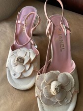 CHANEL Camellia Slingback Sandals 36.5 Cream Corduroy Pink Leather Wood Heel CC picture