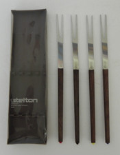 Set of 4 Vintage Stelton Danish Modern Stainless Steel and Teak Fondue Forks picture