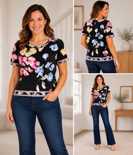 Leonard Fashion Women’s Short Sleeve Black Floral Blouse US 8 FR42 Bloomcore picture