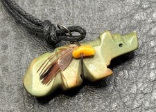 VTG Southwestern Carved Green Stone Bear Fetish Pendant Necklace 24” Black Cord picture