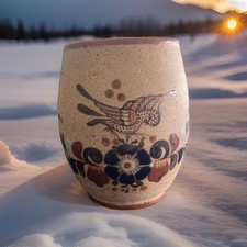 Vintage Netzi Mexico Tonala Pottery Large Mug Hand Painted Bird Floral Signed 5” picture