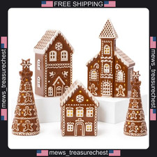 Ceramic Gingerbread House Set with LED Tea Lights and Trees for Christmas Decor picture