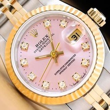 ROLEX LADIES DATEJUST 69173 PINK FACTORY DIAMOND DIAL 18K GOLD STEEL WATCH picture