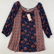 New Siren Lily size 3X Brown Blue Floral Patchwork Boho Tie Front Blouse picture