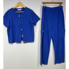 Vintage Richard Sport Womens Large Blue 2pc Knit Pant Set Cat Buttons Loungewear picture