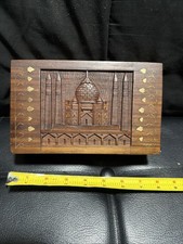Hand Carved Wood Jewelry Box Taj Mahal India Brass Inlay Vintage Trinket Storage picture