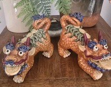 Pair of Chinese Pottery Art Foo Dogs Dragon Prosperity Coins Ornate Detail Decor picture