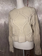 Derek Heart Women’s Ivory Cable-Knit Crew Neck Pullover Sweater Long Sleeve S picture