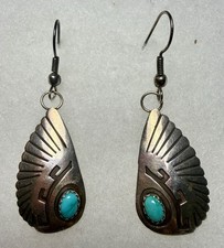 Vintage Turquoise Wing Drop Earrings Southwestern Native Boho Tested Silver picture