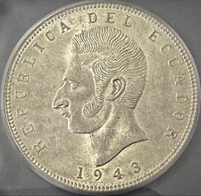 1943-Mo Ecuador 5 Sucres Mexico Mint AU55 | Antonio Jose de Sucre Silver Crown picture