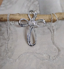 SJD 925 Sterling Silver Baguette Round Square Diamond Cross Pendant Chain JTV picture