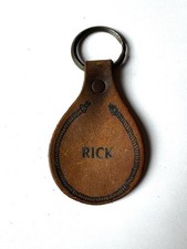Vintage Personalized RICK Leather Keychain Teardrop Saddle Stitch Fob picture