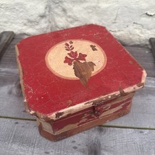 Antique Folk Art Hand Painted Red Wooden Box Octagonal Hinged Primitive picture