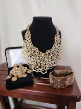 VTG Chico’s 3 Pc Beaded Jewelry Set Necklace Earrings Cuff Bracelet Embroidered picture