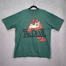 VTG Warner Bros Taz Devil Tshirt Mens XXL Green Striped Looney Tunes 90s picture