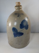 Antique William Wm E Warner Salt Glazed 2 Gal Jug 12.75x8.75 West Troy NY Flower picture