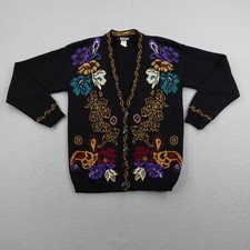 Vintage Modiano Sweater Womens Small Black Cardigan Grandma Floral Retro 80s 90s picture