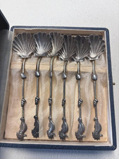 Antique set of sterling silver seahorse spoon picture