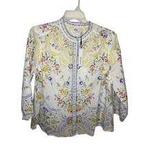 Chicos Tana Tile Floral Embroidered Cotton Button Blouse White Multi Size 3 New picture