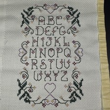 Finished Cross Stitch Sampler Vintage Alphabet & Floral Unframed Purple Green picture