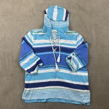 Chico's Zenergy Hoodie Women 2 Large Blue Stripe Lace Up Tassel Lyocell Top picture