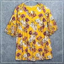 Catherines Est 1946 Blouse Women 26/28W Yellow Floral Bell Sleeve Keyhole Tunic picture