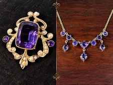 Antique Pair of 9c Gold Convertible Brooch/Necklace Set w/ Amethyst, Seed Pearls picture