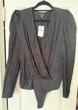 AFRM Noir Snake Wrap Bodysuit Puff Sleeve Black Snakeskin Size Large  NWT picture