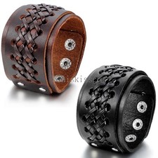 Men's Punk Braided Wide Leather Tribal Cuff Bangle Bracelet Adjustable Wristband picture