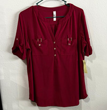 NWT Per Seption Concept Burgundy Split Neck Short Sleeve Button Jersey Blouse XL picture