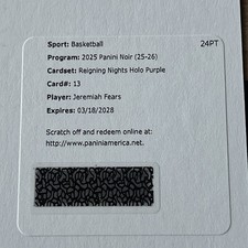 2025-26 Panini Noir Jeremiah Fears RC Reigning Nights Auto Purple /25 (1285) picture