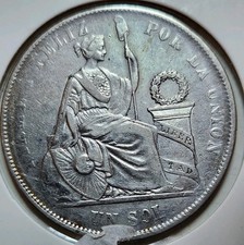 1869 YB Peru 1 Sol***Silver KM 196.3 ARABIC 1 in Date*** picture