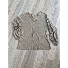 ANDTHEWHY Waffle Knit Lace Trim V-Neck Top Taupe Olive Green Small Boho Crochet picture
