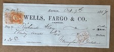 1867 Carson City Nevada NV Revenue Stamp Wells Fargo Check H M Yerington Kidder picture