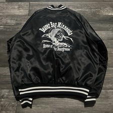 VTG 80s BEAVER BAY MINNESOTA JOHN BEARGREASE BLACK SATIN BOMBER JACKET XL NATURE picture
